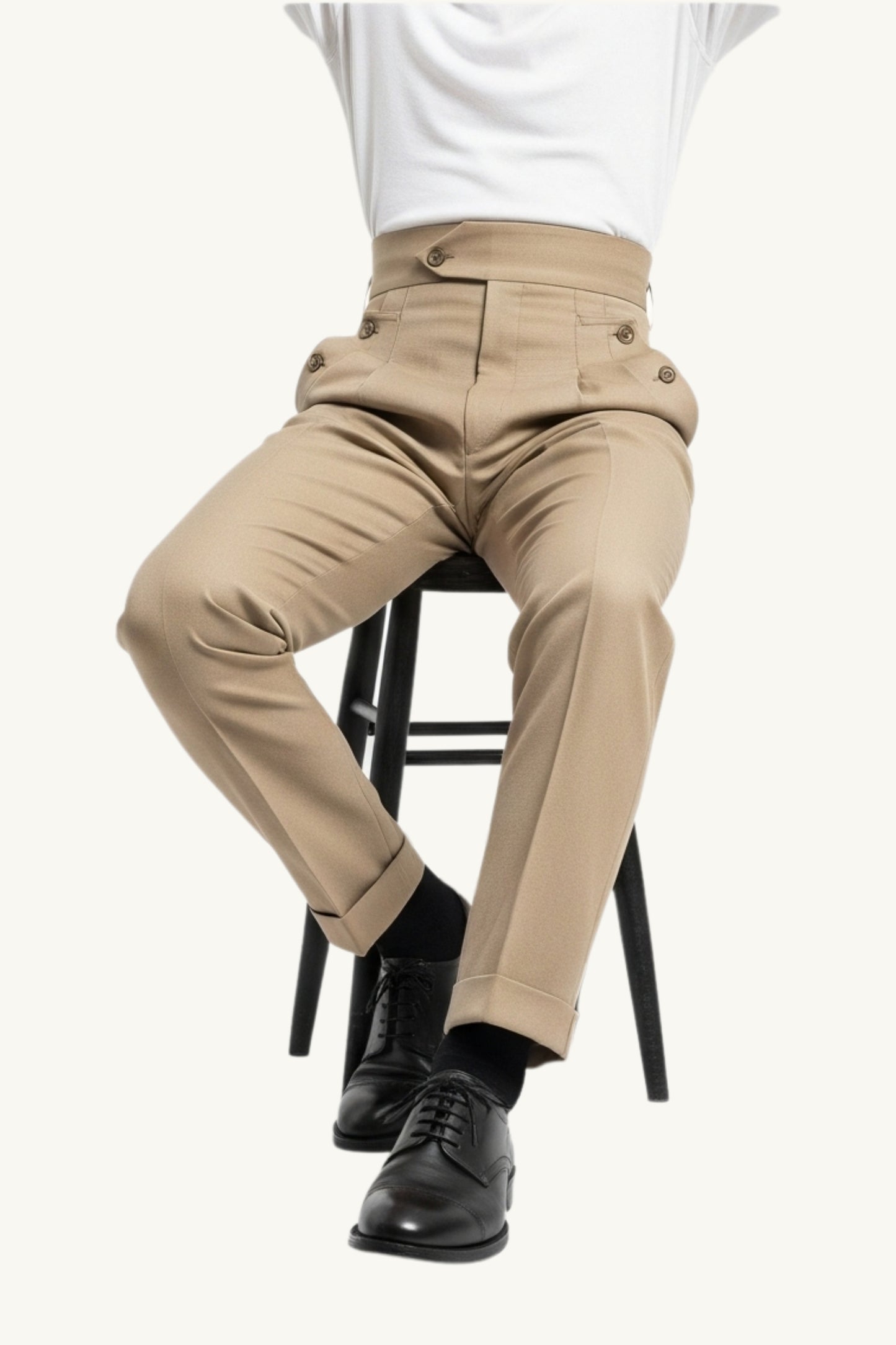 Beige Double-Pleated Gurkha Pants