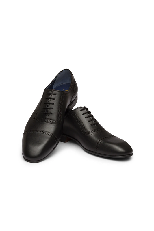 Pair of black leather dress shoes on a white background
