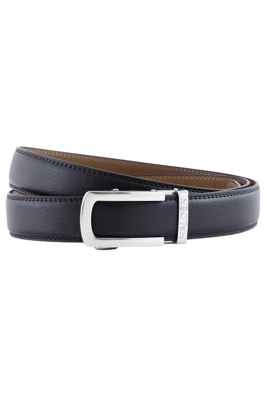 Black leather belt with silver buckle on a white background