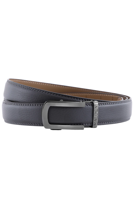 Gray leather belt with a silver buckle on a white background