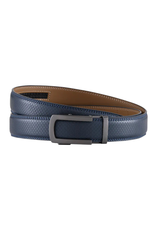 Blue leather belt with a silver buckle on a white background
