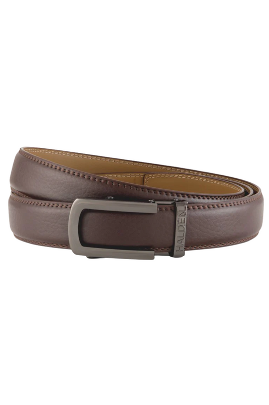 Brown leather belt with a silver buckle on a white background
