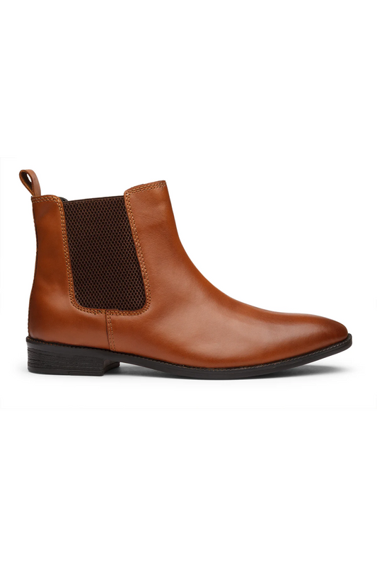 Brown leather ankle boot with a white background