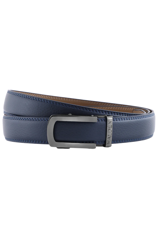 Blue leather belt with a silver buckle on a white background
