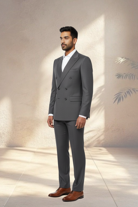 Man wearing a gray suit with a white shirt and brown shoes against a neutral background