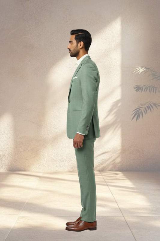 Man wearing a green suit standing against a light background