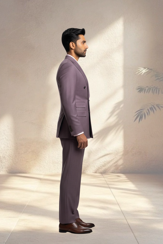 Man wearing a light purple suit standing against a neutral background