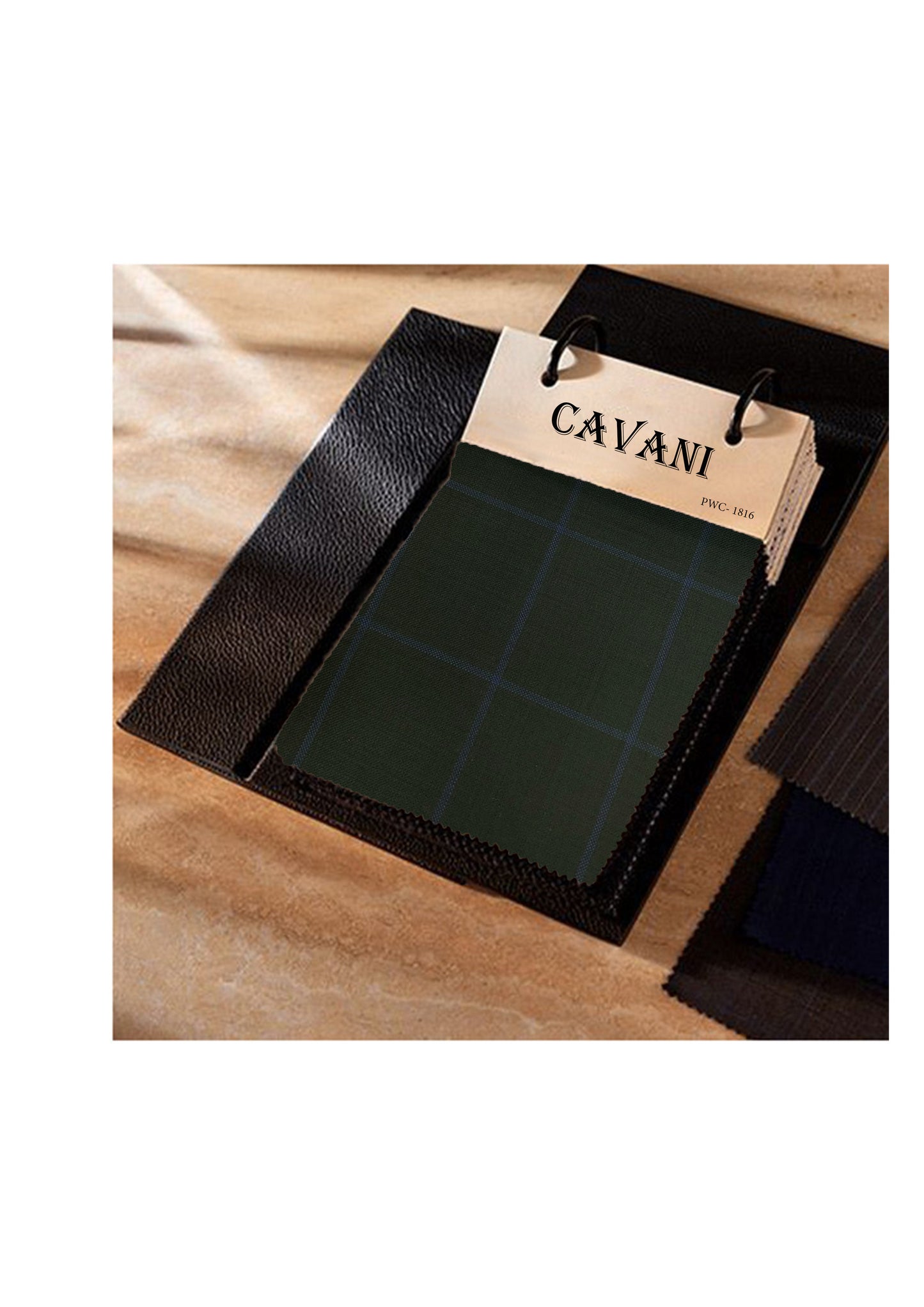 Black leather wallet with a 'Cavani' tag on a wooden surface