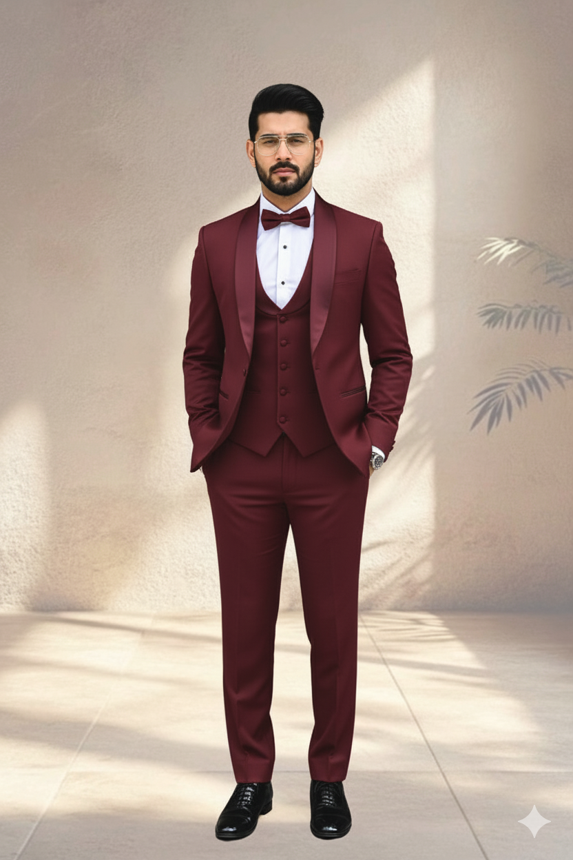  Man wearning the Tuxedo maroon colour with the white shirt 