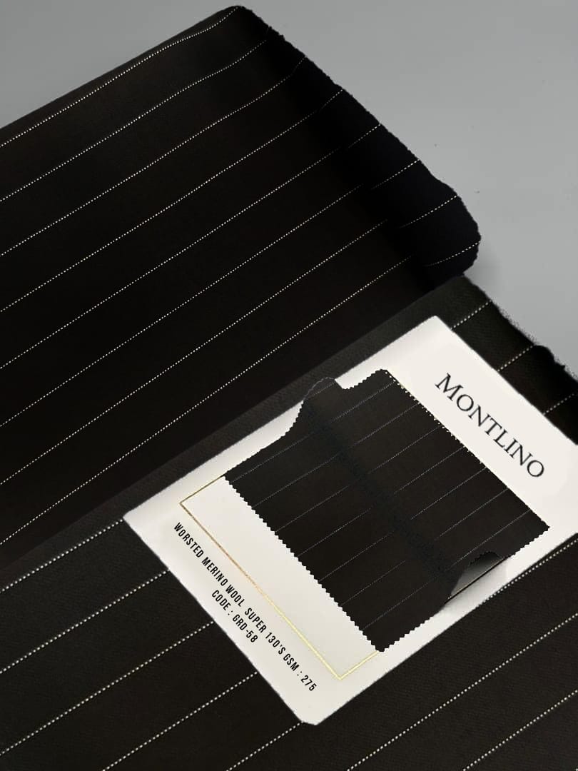 Black pinstripe fabric with a Montlino label on a gray background