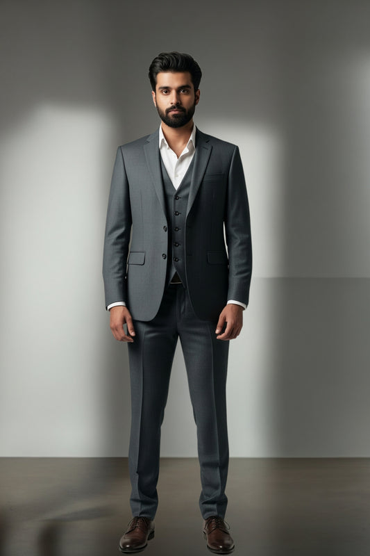 Man wearing a gray suit standing against a plain background