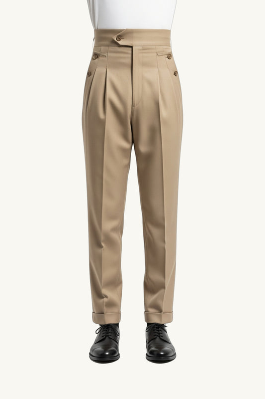 Beige Double-Pleated Gurkha Pants