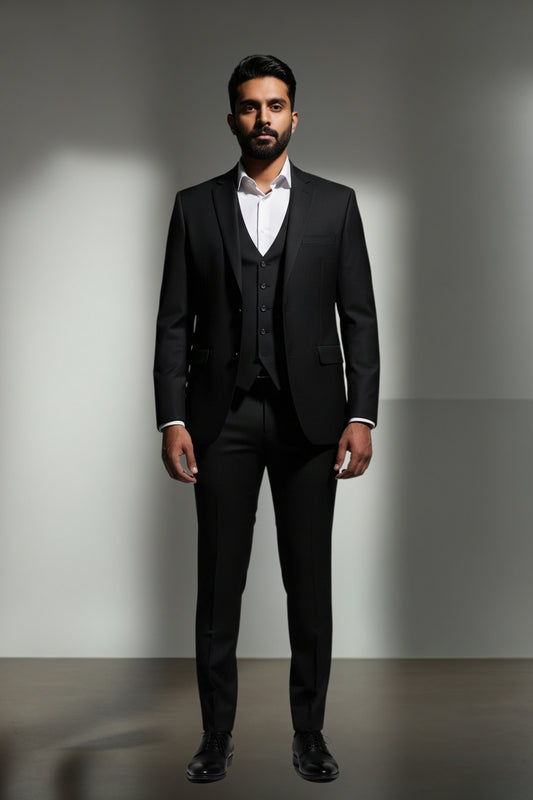 Man wearing a black suit with a white shirt against a gray background