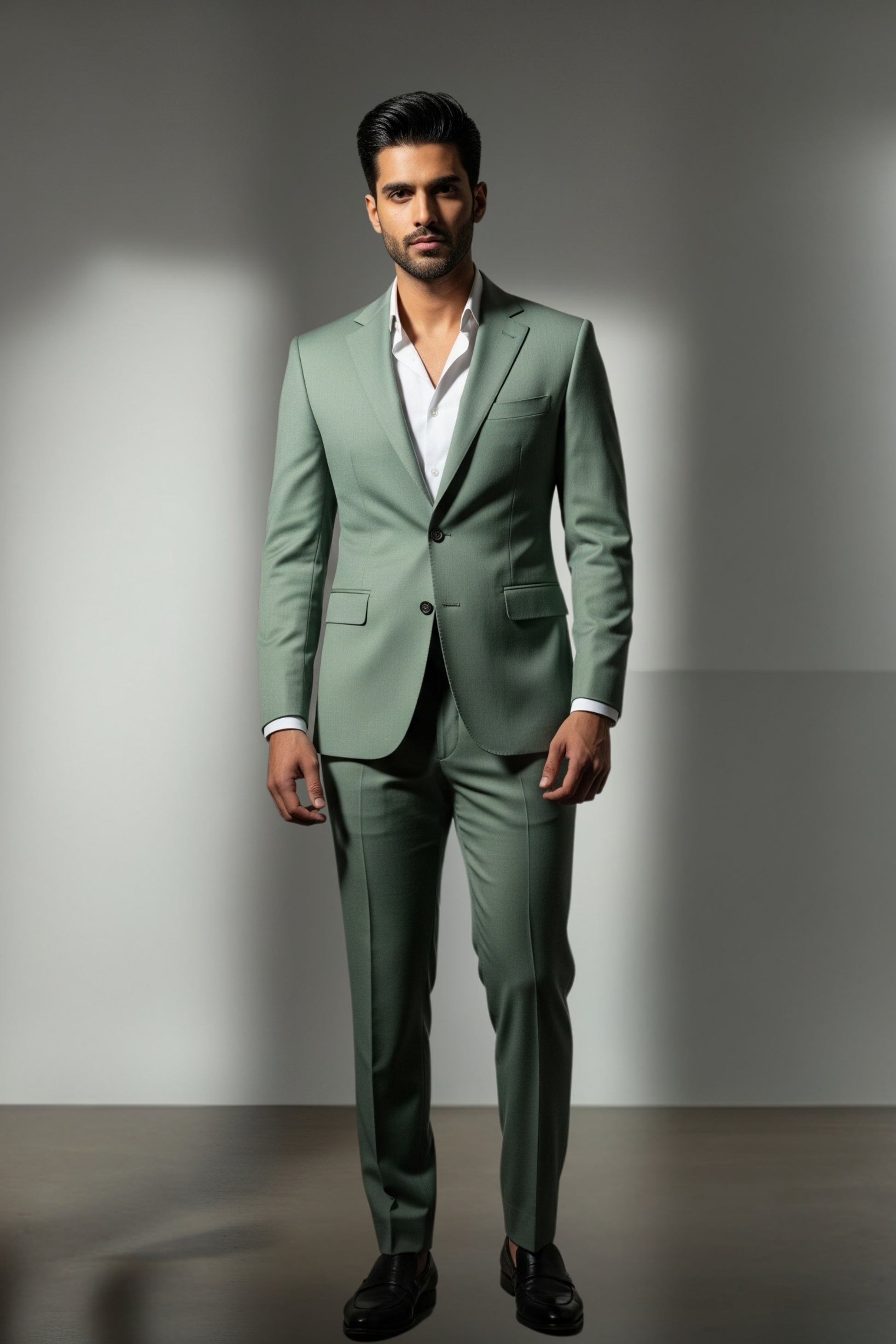 Man wearing a green suit with a white shirt against a gray background