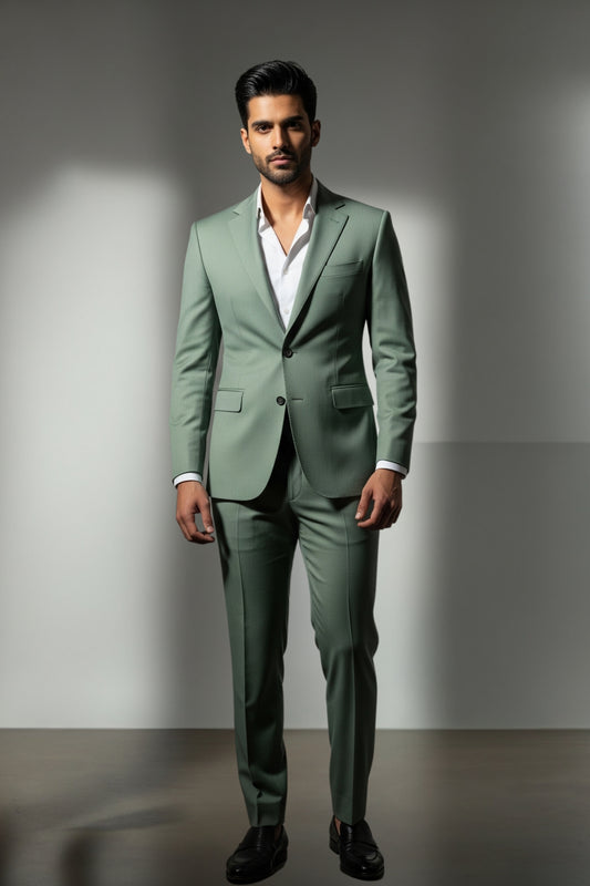 Man wearing a green suit with a white shirt against a gray background