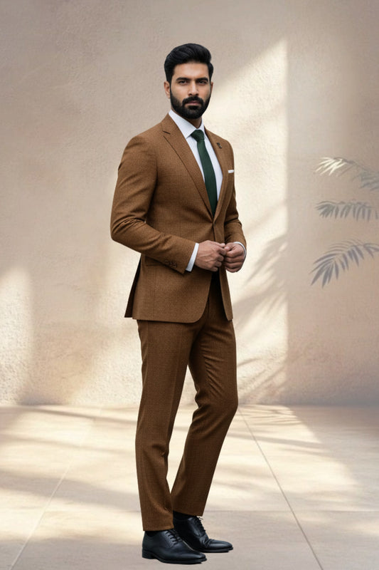 Man wearing a brown suit with a green tie against a neutral background
