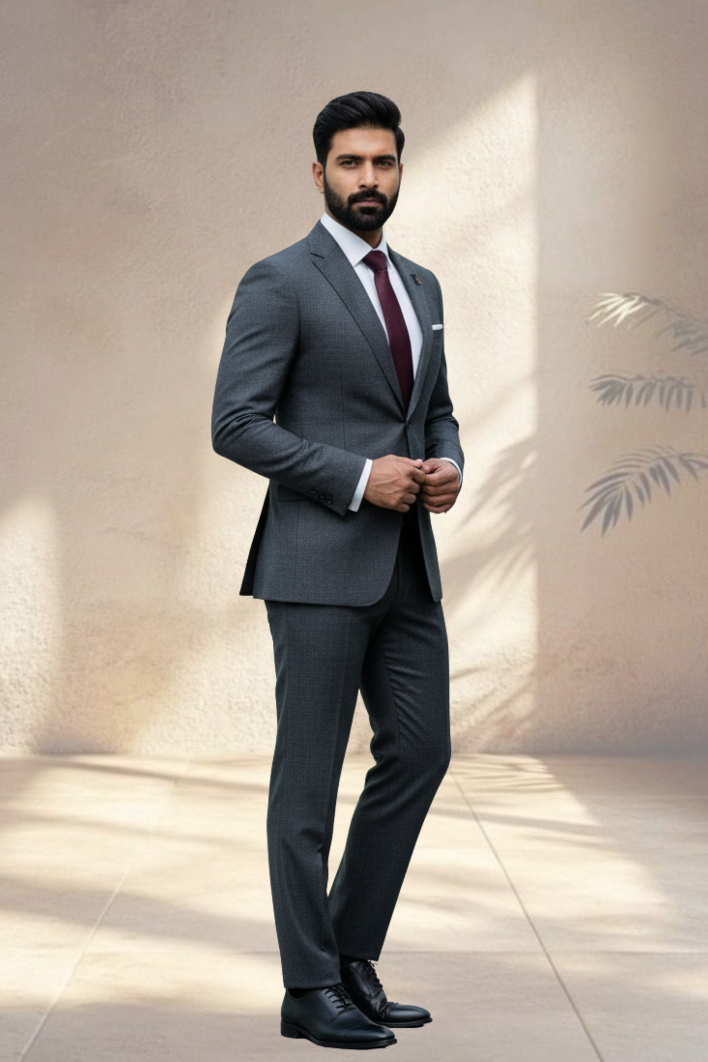 Man wearing a gray suit with a red tie against a neutral background