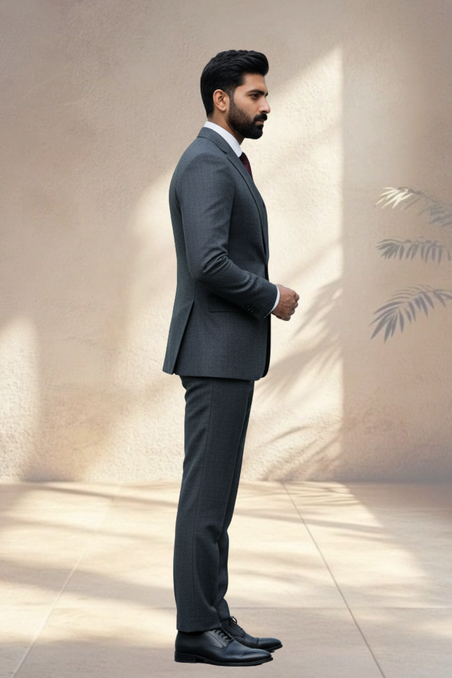 Man wearing a gray suit standing against a neutral background