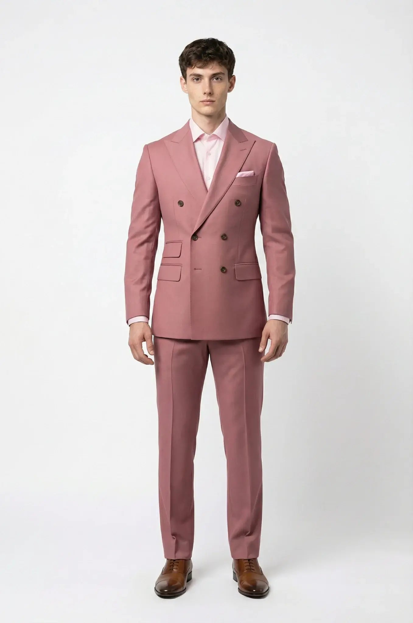 Blutailor 2-Piece Double Breasted Pink Rose Suit – a striking pink rose-toned ensemble featuring a custom tailored double-breasted blazer and matching trousers, crafted for a sharp, contemporary silhouette and statement formal elegance.