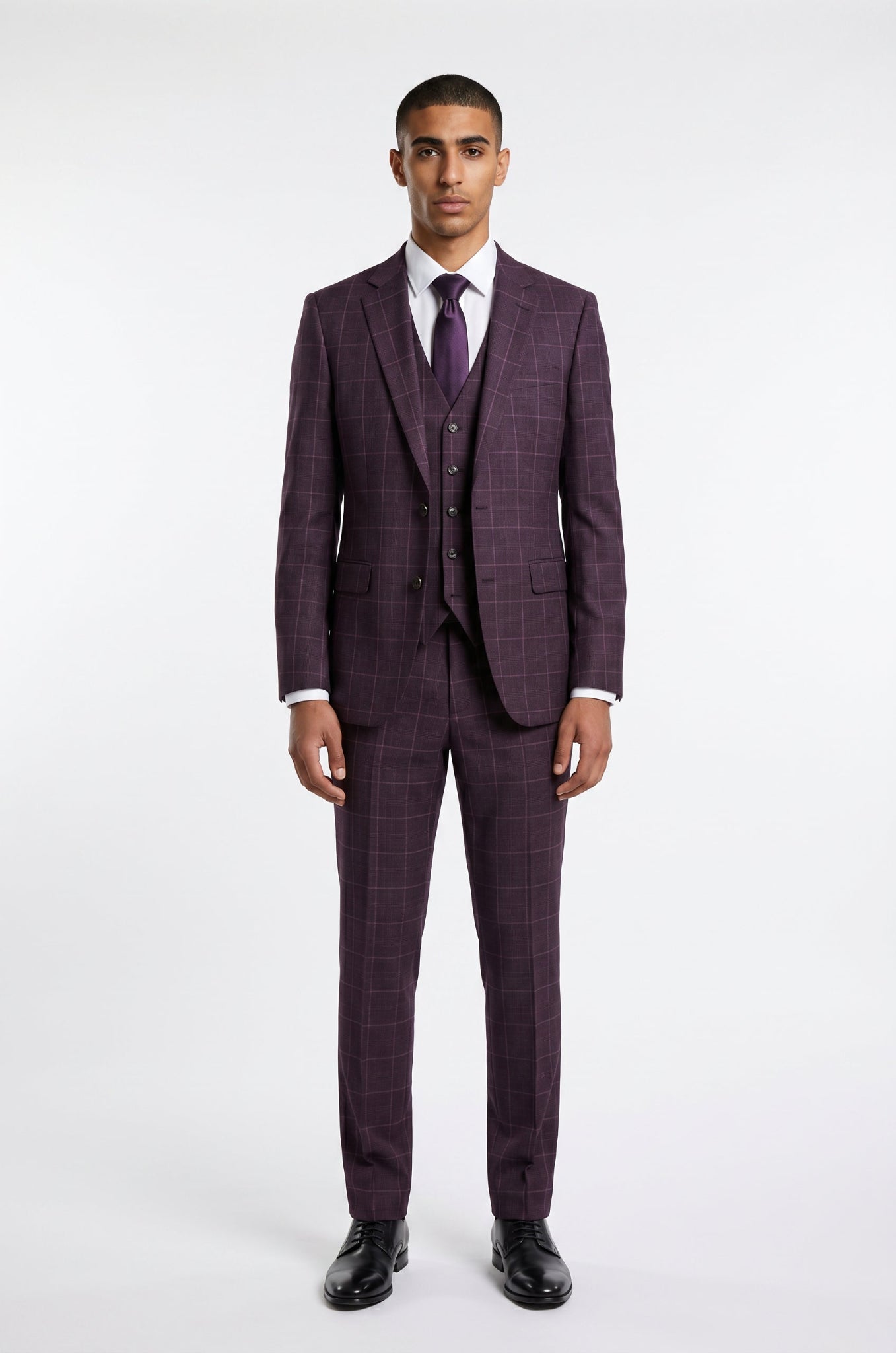 Blutailor Aubergine Checkered 3 piece suit in premium terry rayon fabric with a custom tailored fit, featuring a sophisticated checkered design, tailored blazer, matching waistcoat, and trousers for a sharp and elegant formal look.