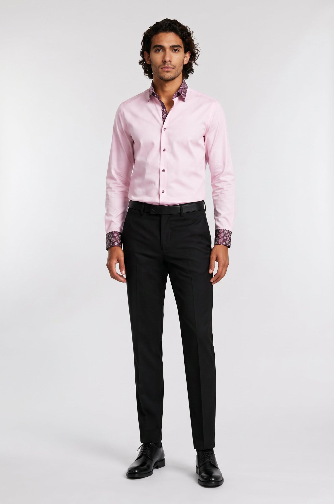Men's Blutailor Blush Rose Paisley Accent Shirt crafted from premium Giza cotton, featuring a soft blush rose hue, elegant paisley accent detailing, tailored fit, button-front design, and a refined aesthetic ideal for formal, business, and smart-casual occasions.