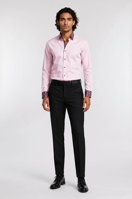 Men's Blutailor Blush Rose Paisley Accent Shirt crafted from premium Giza cotton, featuring a soft blush rose hue, elegant paisley accent detailing, tailored fit, button-front design, and a refined aesthetic ideal for formal, business, and smart-casual occasions.