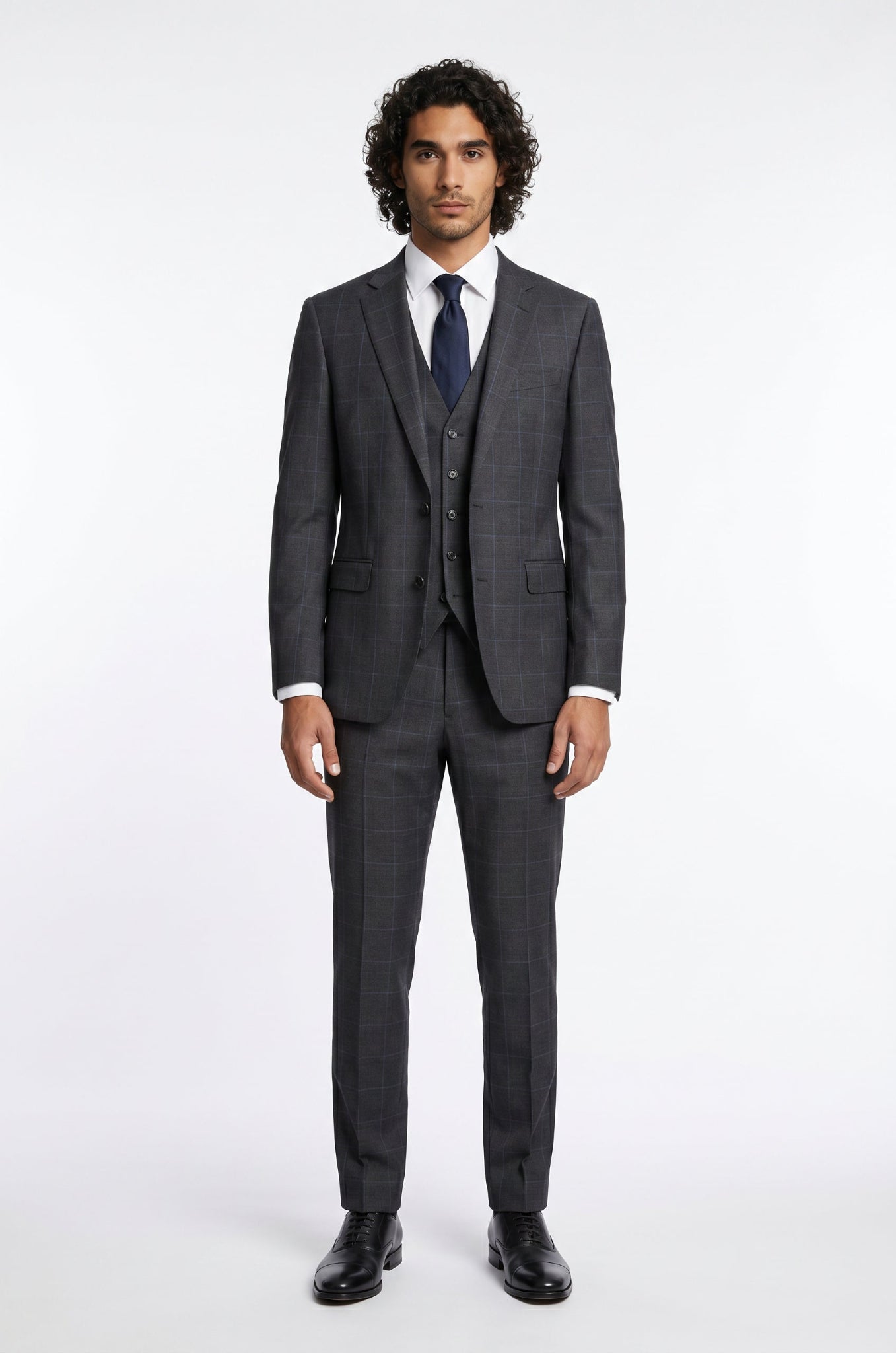Blutailor Charcoal Blue Checkered 3 piece suit in premium terry rayon fabric with a custom tailored fit, featuring a refined checkered pattern, tailored blazer, matching waistcoat, and trousers for a sophisticated and polished formal look.