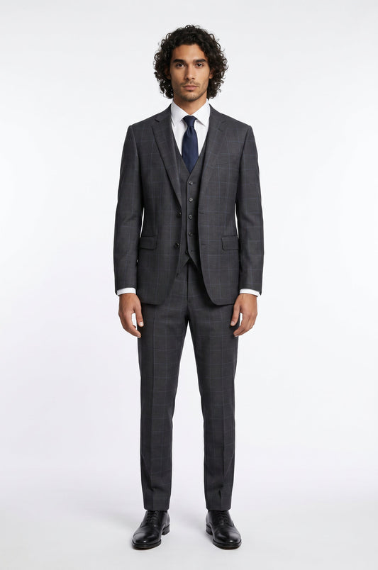 Blutailor Charcoal Blue Checkered 3 piece suit in premium terry rayon fabric with a custom tailored fit, featuring a refined checkered pattern, tailored blazer, matching waistcoat, and trousers for a sophisticated and polished formal look.
