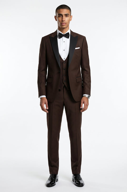 Blutailor chocolate brown peak lapel 3 piece tuxedo in premium fabric with a custom tailored fit, featuring a sleek blazer, waistcoat, and trousers for a rich and sophisticated formal look.