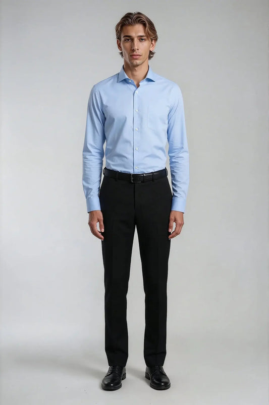 Classic Light Blue Poplin Shirt – a refined light blue shirt crafted in crisp poplin fabric, featuring a bespoke tailored fit for timeless elegance and polished everyday sophistication.