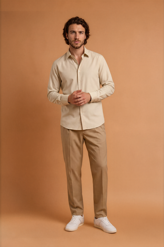 Blutailor cream cotton summer shirt in premium lightweight fabric with a custom tailored fit, featuring a breathable finish and refined styling for an elegant smart casual look.