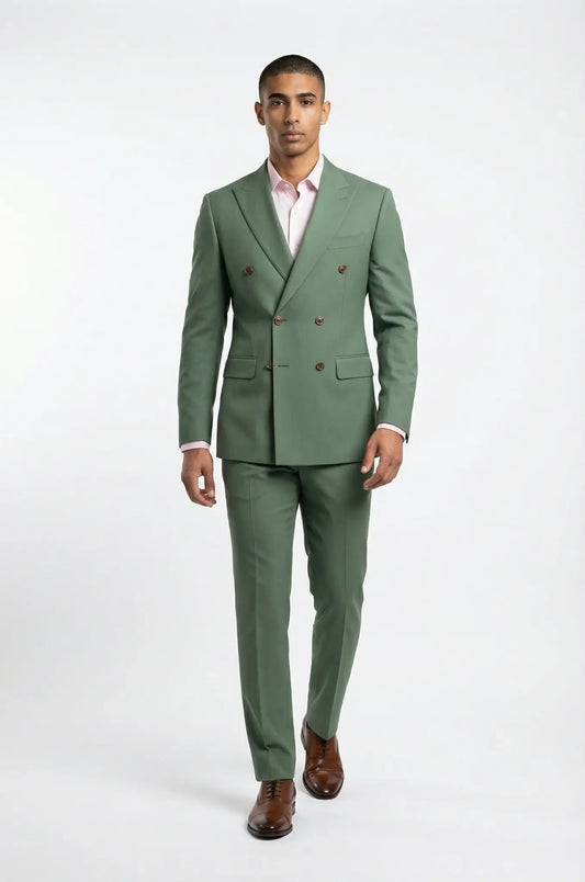 The Blutailor Double Breasted Sage Green Suit – a sophisticated sage green ensemble featuring a bespoke tailored double-breasted blazer and matching trousers, crafted for a sharp, contemporary silhouette and refined formal elegance.