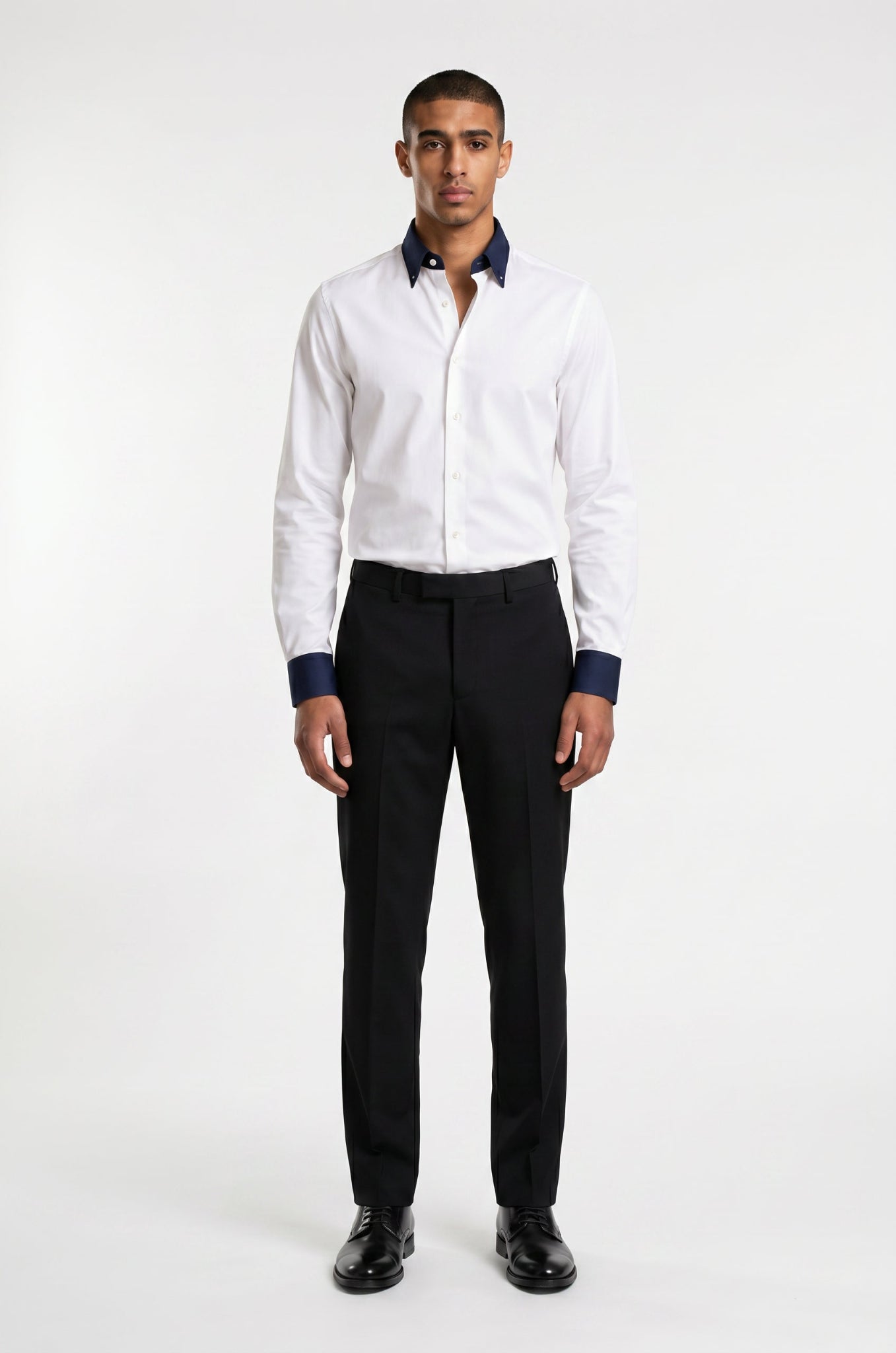 Men's Blutailor Heritage White & Navy Shirt crafted from premium Giza cotton, featuring a classic white and navy color combination, tailored fit, button-front design, and a refined aesthetic suitable for formal, business, and smart-casual occasions.