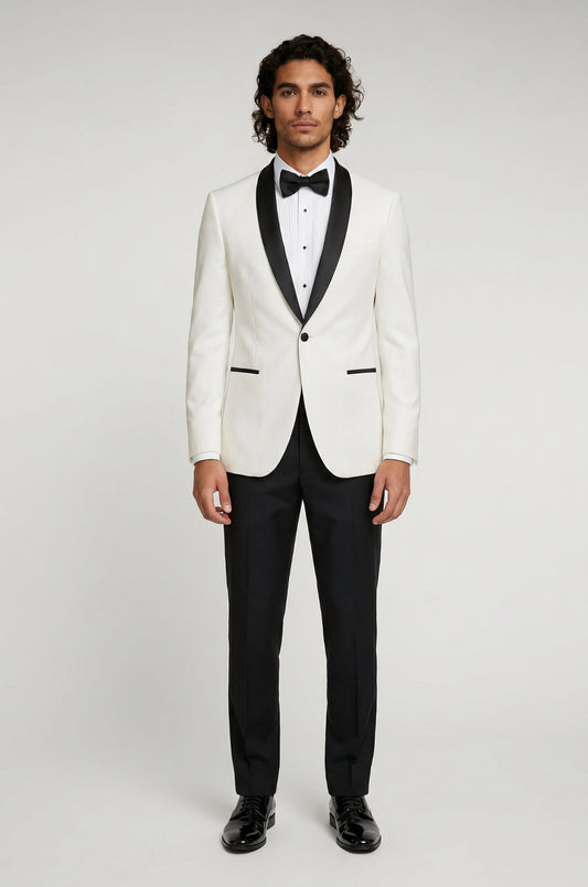 Blutailor ivory shawl lapel 3 piece tuxedo in premium fabric with a custom tailored fit, featuring a sleek blazer, waistcoat, and trousers for a refined and elegant formal look.