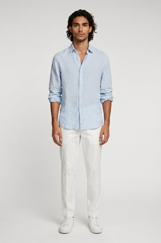 Blutailor light blue linen shirt in premium breathable linen with a custom tailored fit, designed for a clean, airy, and effortless summer look.