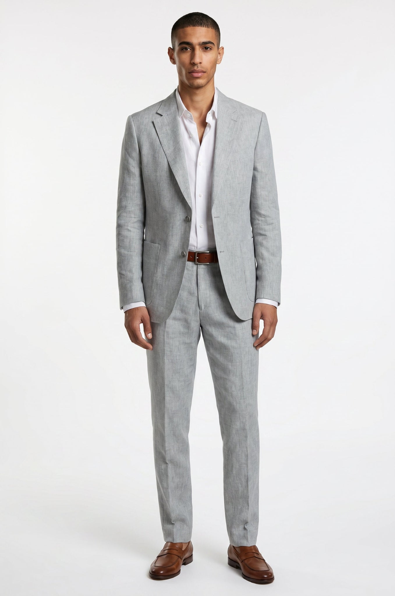 Blutailor Lunar Grey linen 2 piece suit in premium linen fabric with a custom tailored fit, featuring a tailored blazer and matching trousers for a refined, breathable, and sophisticated formal look.