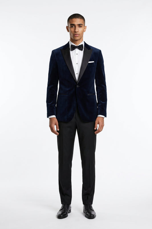 Blutailor midnight blue velvet peak lapel 3 piece tuxedo in premium velvet fabric with a custom tailored fit, featuring a sleek blazer, waistcoat, and trousers for a luxurious and sophisticated formal look.