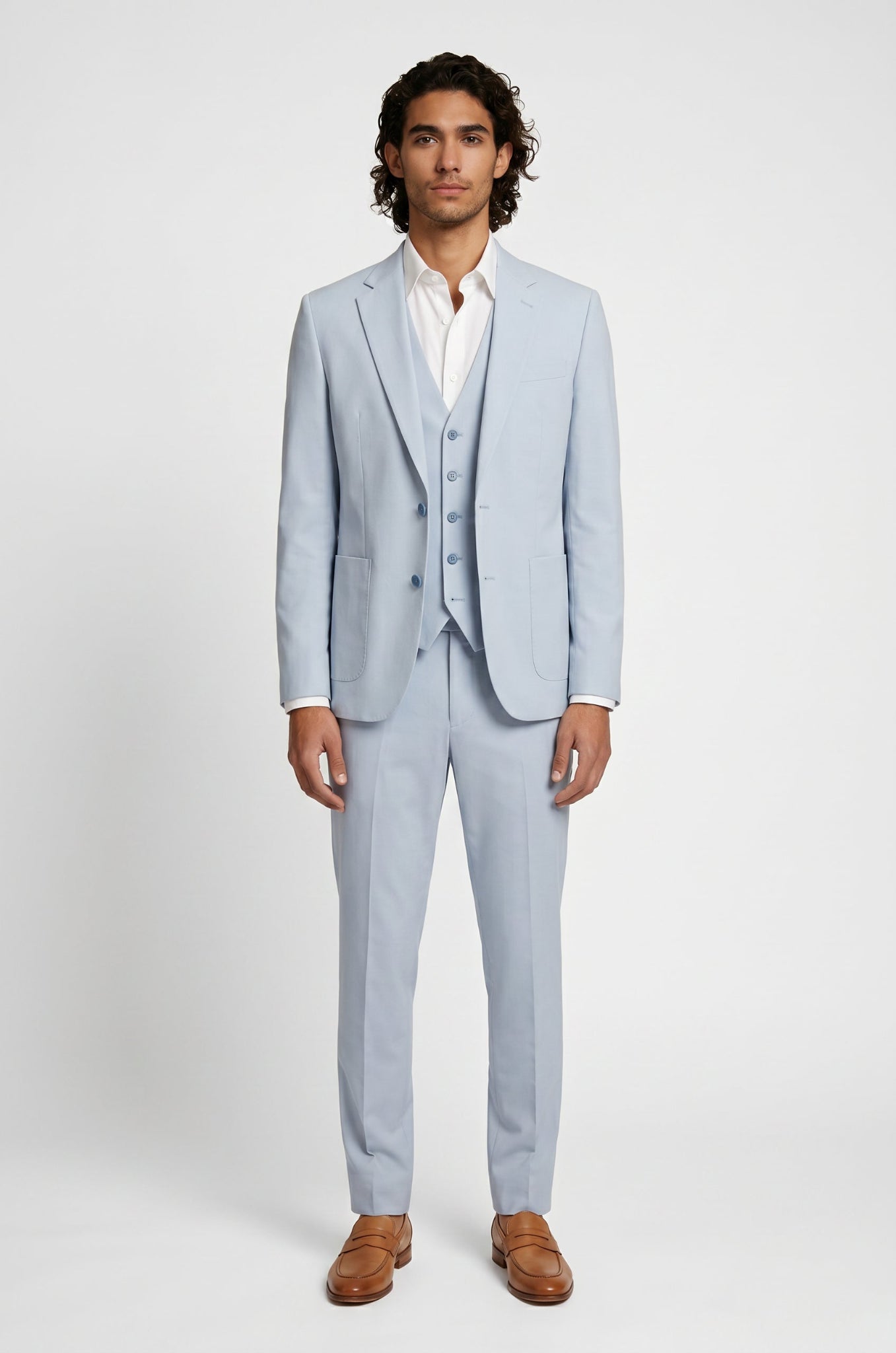 Blutailor Mist Blue 3 piece suit in premium fabric with a custom tailored fit, featuring a sleek blazer, waistcoat, and matching trousers for a refined and sophisticated formal look.
