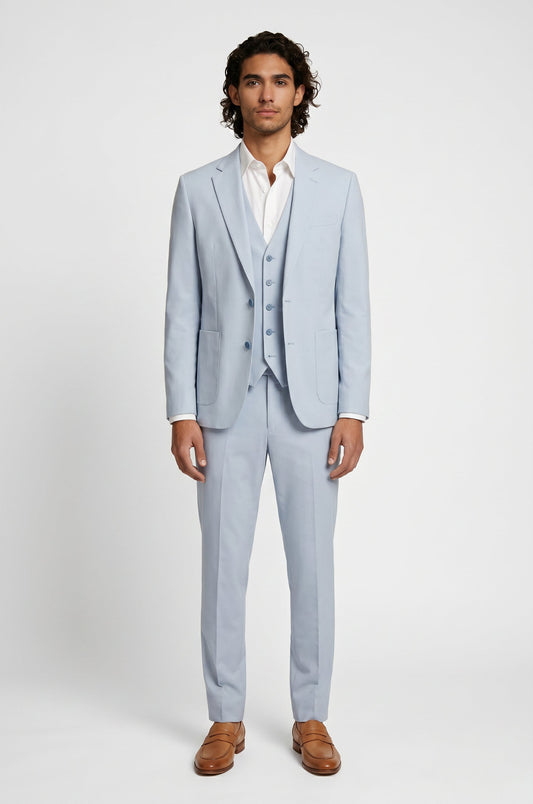 Blutailor Mist Blue 3 piece suit in premium fabric with a custom tailored fit, featuring a sleek blazer, waistcoat, and matching trousers for a refined and sophisticated formal look.