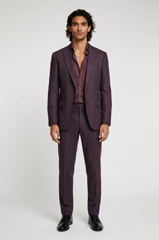 Blutailor Monarch Plum Linen 2-Piece Suit in a rich deep plum shade, tailored with a structured blazer and matching trousers, crafted from breathable premium linen for a refined yet effortless luxury look.