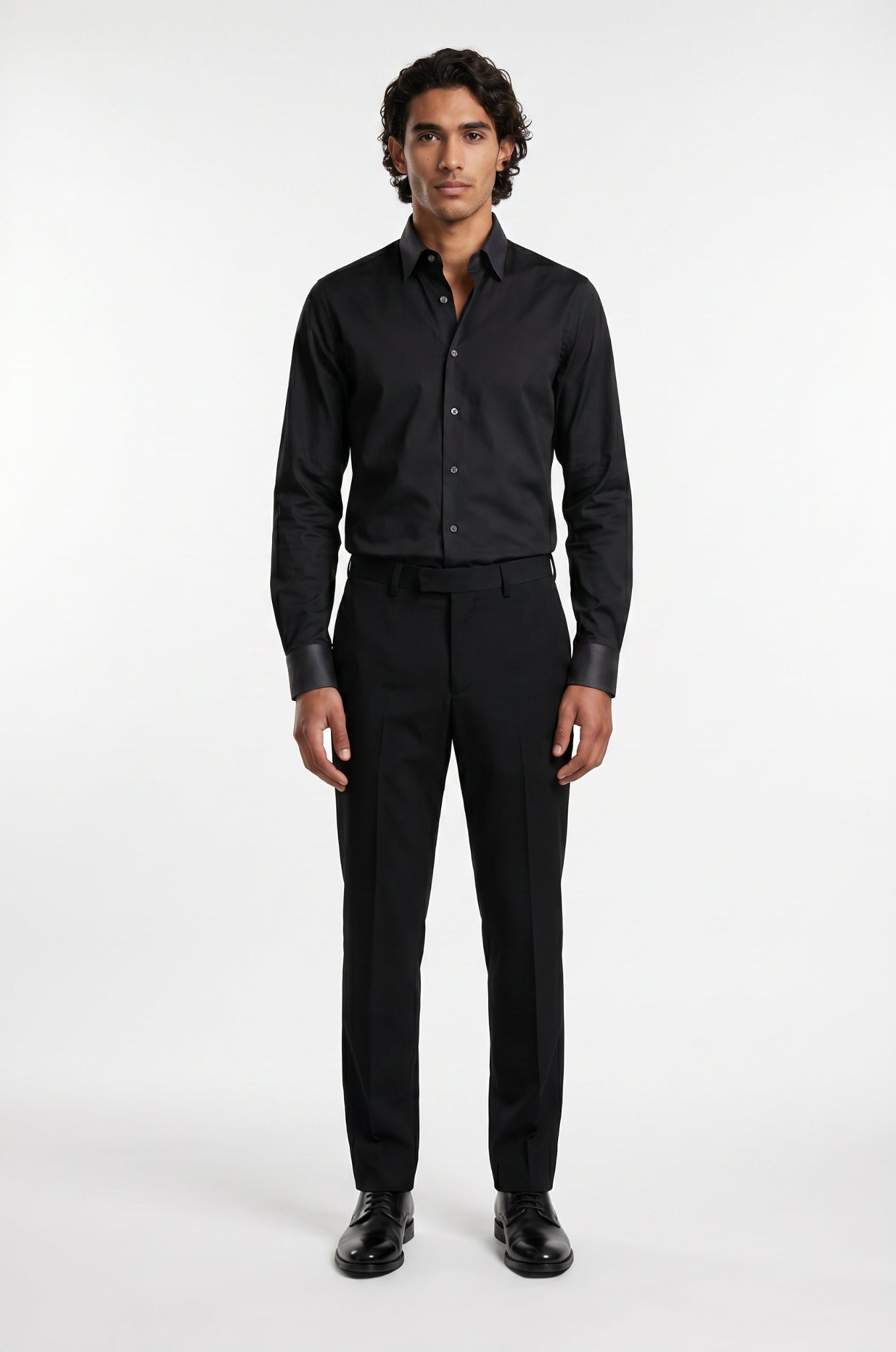 Men's Blutailor Obsidian Black with Satin Contrast Shirt crafted from premium Giza cotton, featuring a deep black finish, luxurious satin contrast detailing, tailored fit, button-front design, and a sophisticated aesthetic ideal for formal occasions, evening wear, and smart-casual styling.
