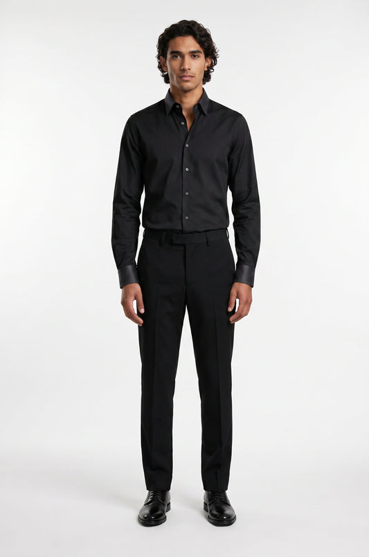 Men's Blutailor Obsidian Black with Satin Contrast Shirt crafted from premium Giza cotton, featuring a deep black finish, luxurious satin contrast detailing, tailored fit, button-front design, and a sophisticated aesthetic ideal for formal occasions, evening wear, and smart-casual styling.