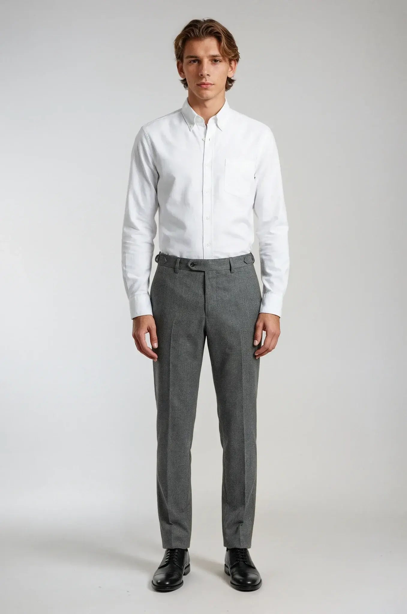 Oxford Button Down White Shirt – a crisp white shirt featuring a custom tailored fit with a classic button-down collar, crafted for versatile smart-casual and formal sophistication.