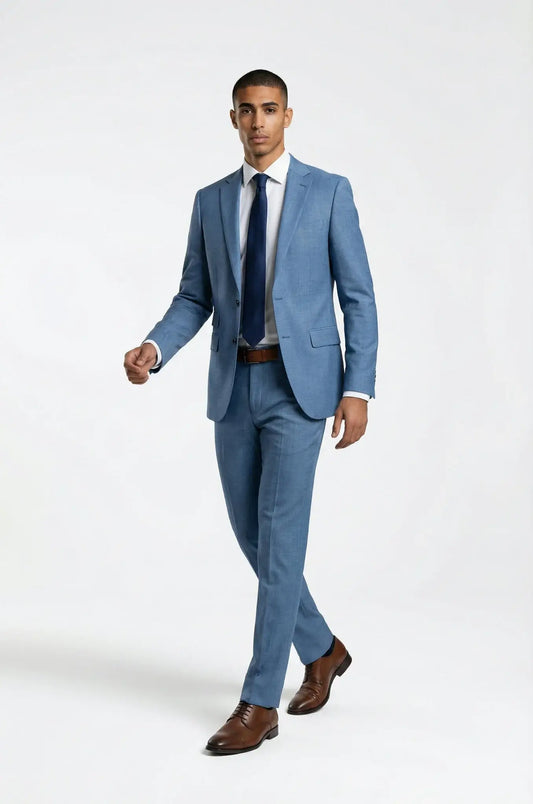 Powder Blue 2-Piece Suit for Men – a sophisticated powder blue ensemble featuring a custom tailored blazer and matching trousers, crafted for a sharp, modern silhouette and refined formal elegance.