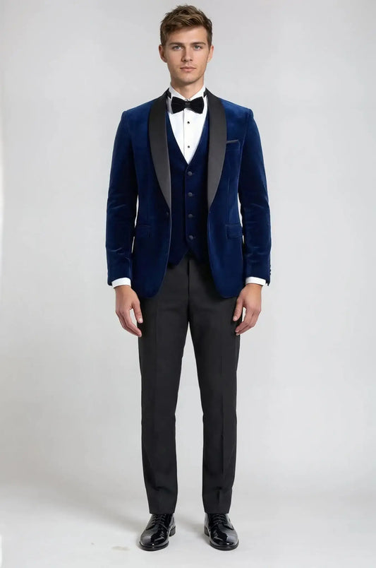 Royal Blue 3-Piece Tuxedo – a sophisticated midnight blue ensemble featuring a bespoke tailored blazer, matching waistcoat, and trousers, crafted for a sharp, elegant silhouette and timeless black-tie refinement.