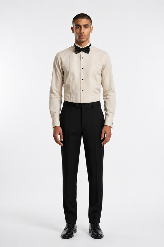 Blutailor sandstone cream double-panel knife pleated tuxedo shirt in premium fabric with a custom tailored fit, featuring sharp knife pleat detailing and a refined finish for an elegant formal look.