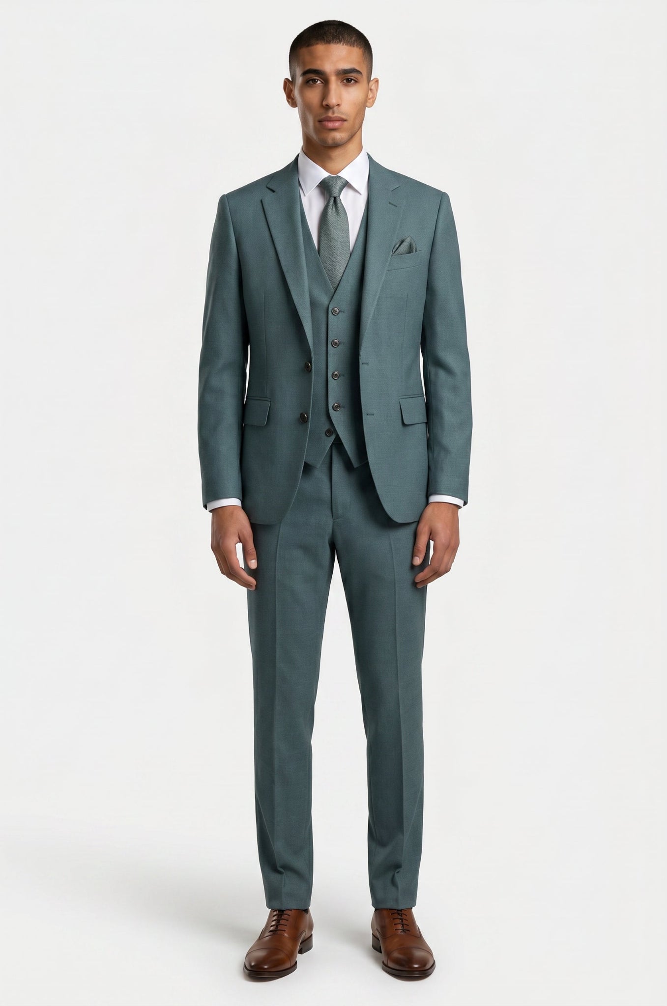 Blutailor Slate Green 3 piece suit in premium fabric with a custom tailored fit, featuring a sleek blazer, waistcoat, and matching trousers for a refined and sophisticated formal look.
