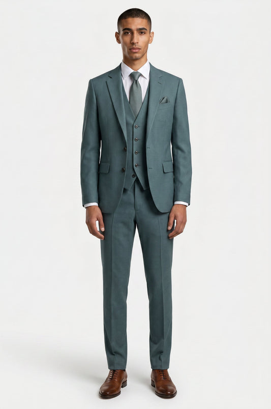 Blutailor Slate Green 3 piece suit in premium fabric with a custom tailored fit, featuring a sleek blazer, waistcoat, and matching trousers for a refined and sophisticated formal look.

