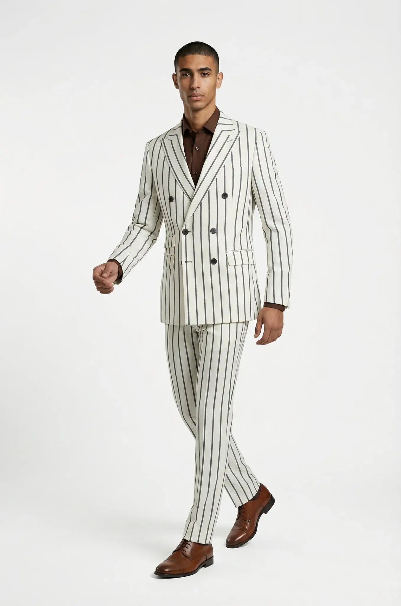Blutailor White Double Breasted Pinstripe Suit – a crisp white ensemble crafted in a premium Italian wool blend, featuring a custom tailored double-breasted blazer with subtle pinstripes and matching trousers for a sharp, sophisticated silhouette and elevated formal elegance.