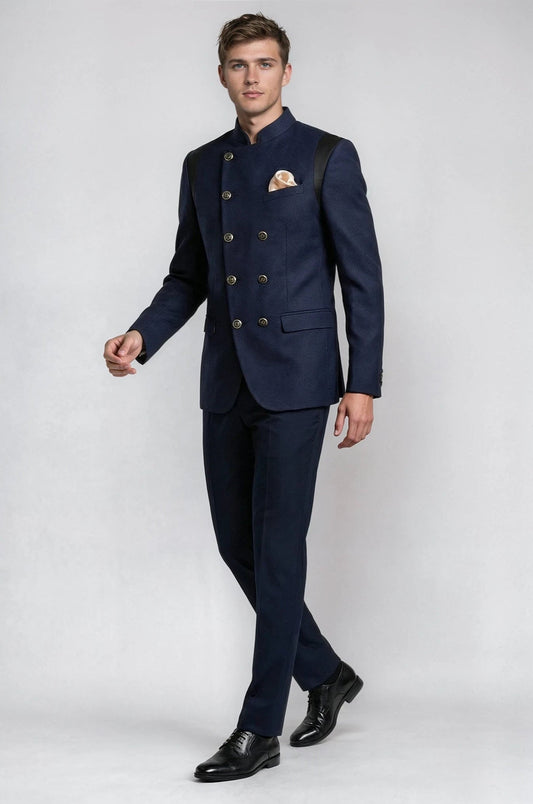 Textured Navy Double Breasted Suit